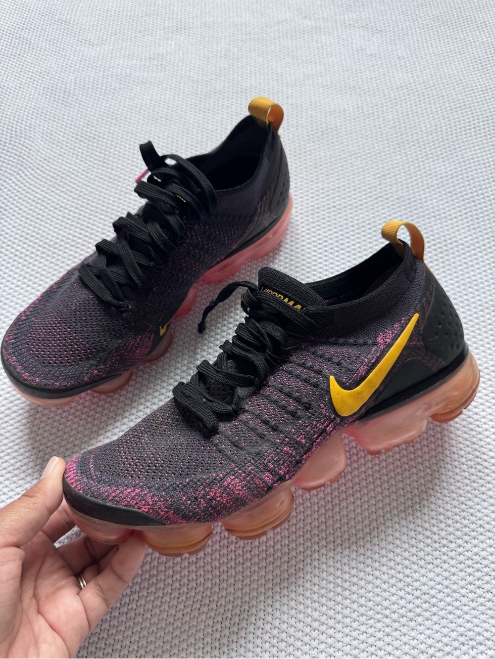 Nike VaporMax Flyknit Sneakers — Black with Pink and Yellow Details